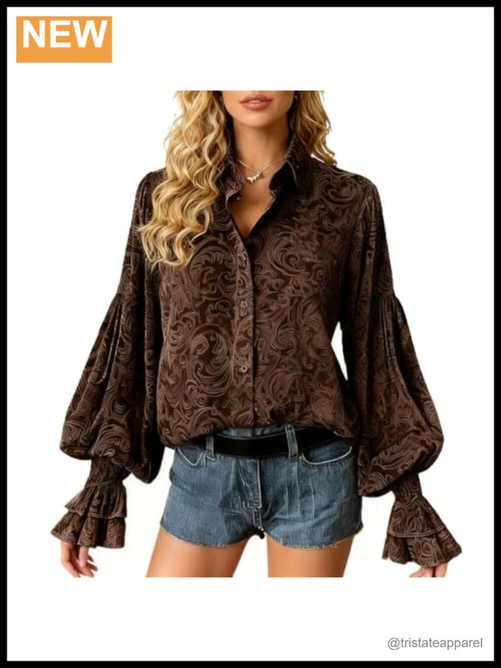 Women's Velvet Vintage Floral Puff Sleeve Blouse